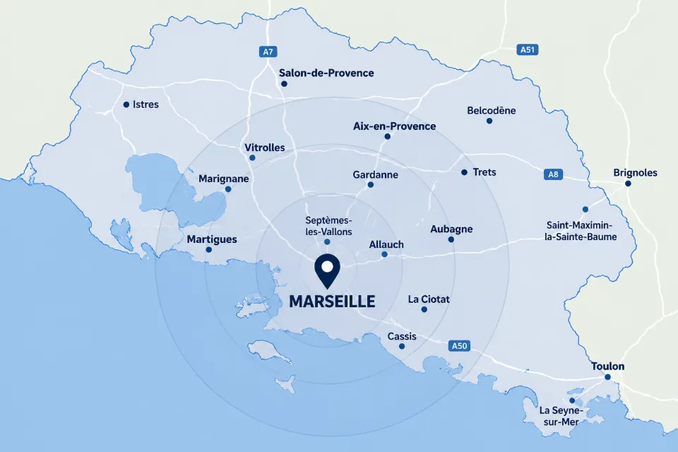 Carte du département des Bouches-du-Rhône montrant Marseille et les villes environnantes, avec des cercles concentriques indiquant des distances.