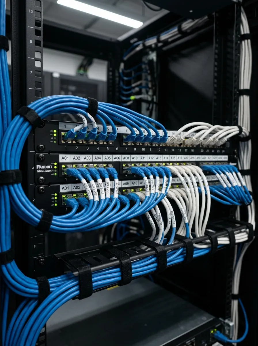 cablage-reseau-datacentre-bleu-blanc Gros plan sur des câbles réseau bleus et blancs bien organisés dans un rack de centre de données, connectés à des commutateurs.