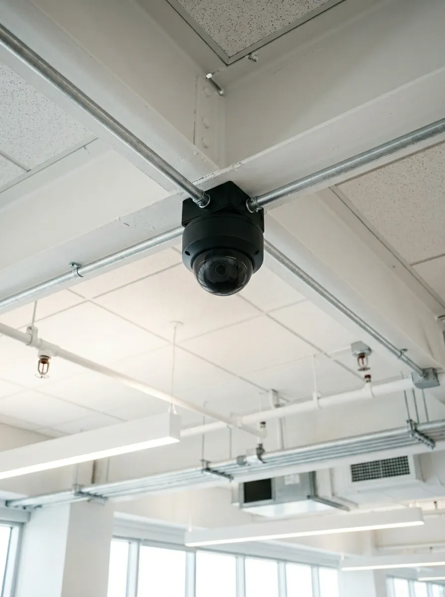 camera-dome-interieur-fonds-gris Caméra de surveillance dôme noir installée au plafond, avec des conduits et des extincteurs visibles en arrière-plan.
