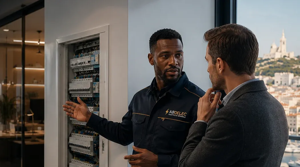 electricien-montrant-tableau-electrique-client