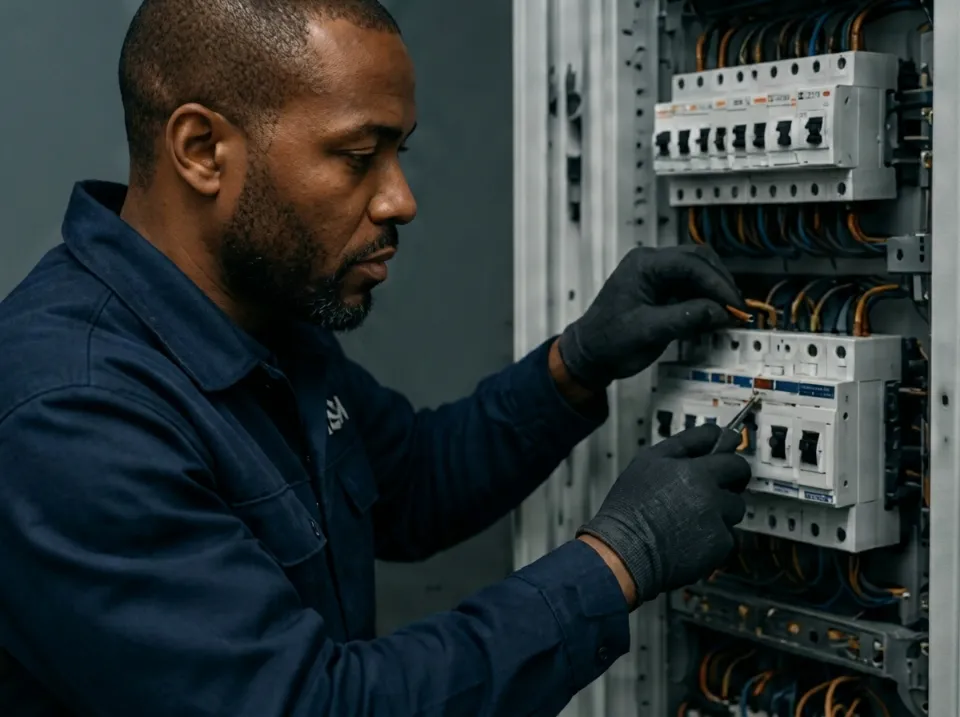 Un électricien avec des gants travaille sur un tableau électrique, manipulant des fils et des disjoncteurs.