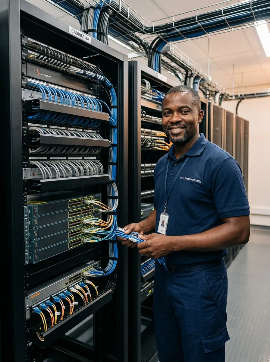 homme-connectant-cables-en-salle-serveurs Homme souriant travaillant dans une salle de serveurs, connectant des câbles réseau dans une baie informatique.