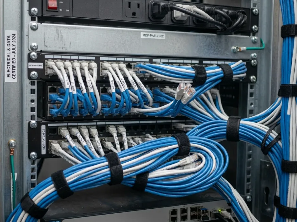 Un rack de serveur avec des câbles réseau bleus et blancs organisés, connectés à des panneaux de brassage.