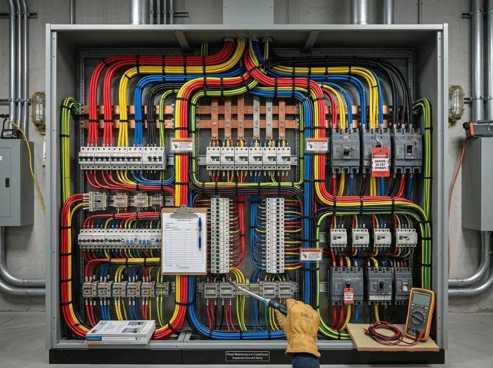 Panneau électrique méticuleusement câblé avec des fils de couleur rouge, bleu, jaune et vert, organisé par des serre-câbles noirs.