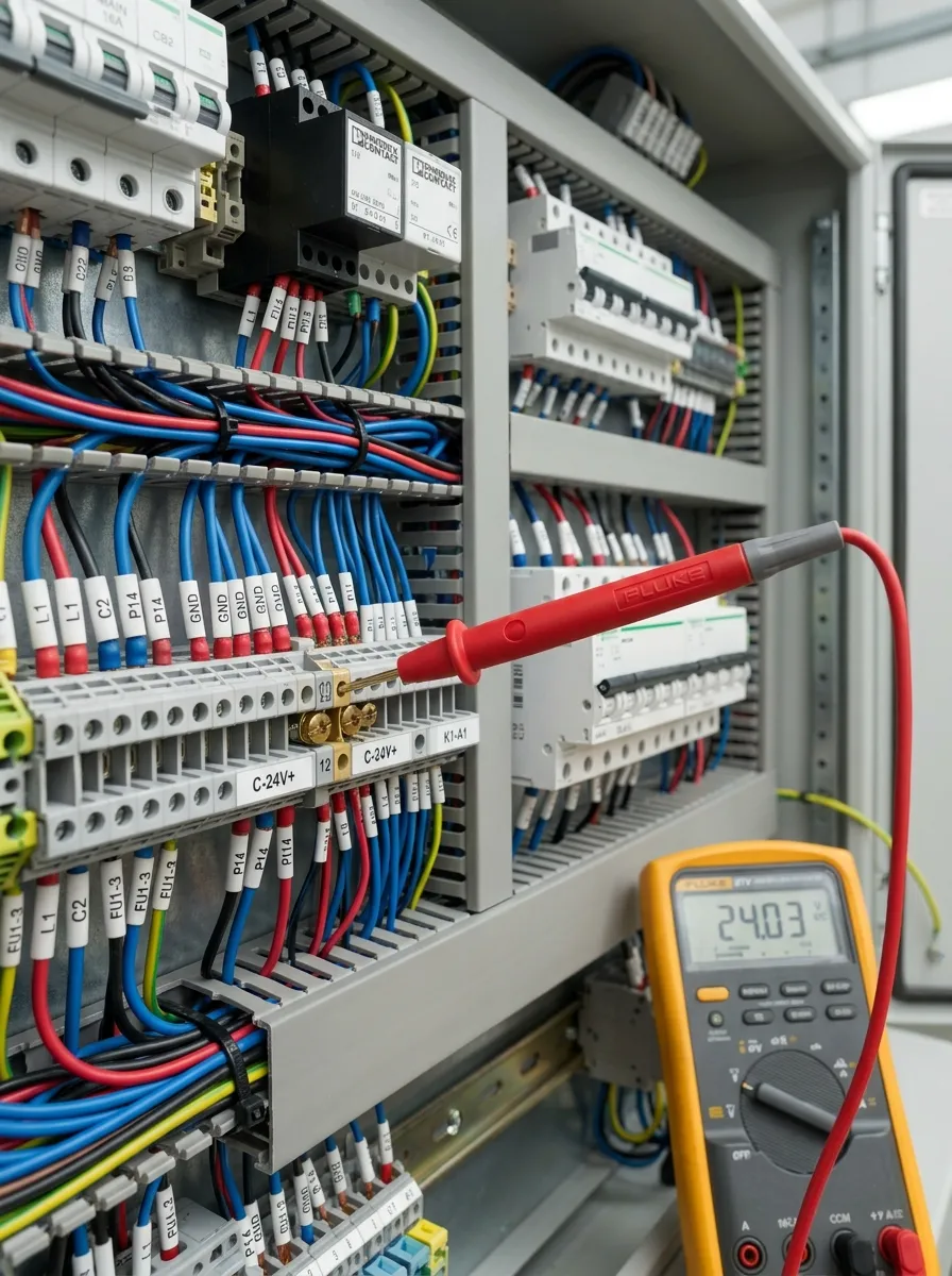 panneau-electrique-testeur-multimetre Un testeur rouge est utilisé pour vérifier les connexions dans un panneau électrique bien organisé avec de nombreux fils et borniers.