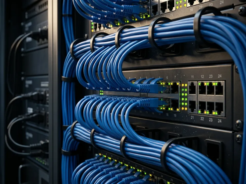Racks de serveurs remplis de câbles réseau bleus organisés et connectés, avec des lumières vertes clignotantes sur les panneaux.