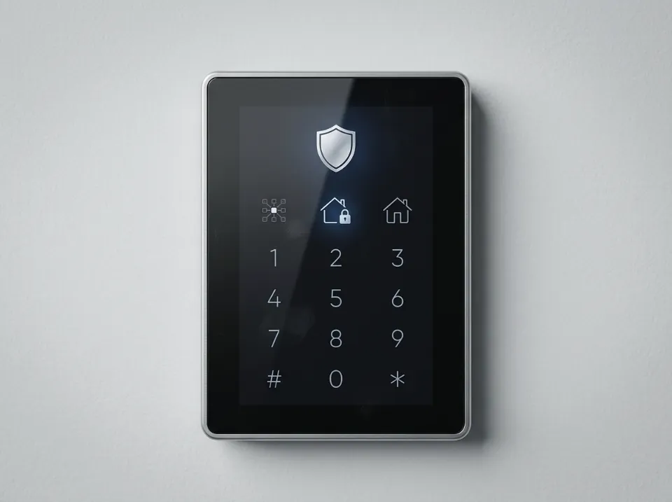 Clavier d'un système de sécurité domestique avec un bouclier, une maison verrouillée et un pavé numérique