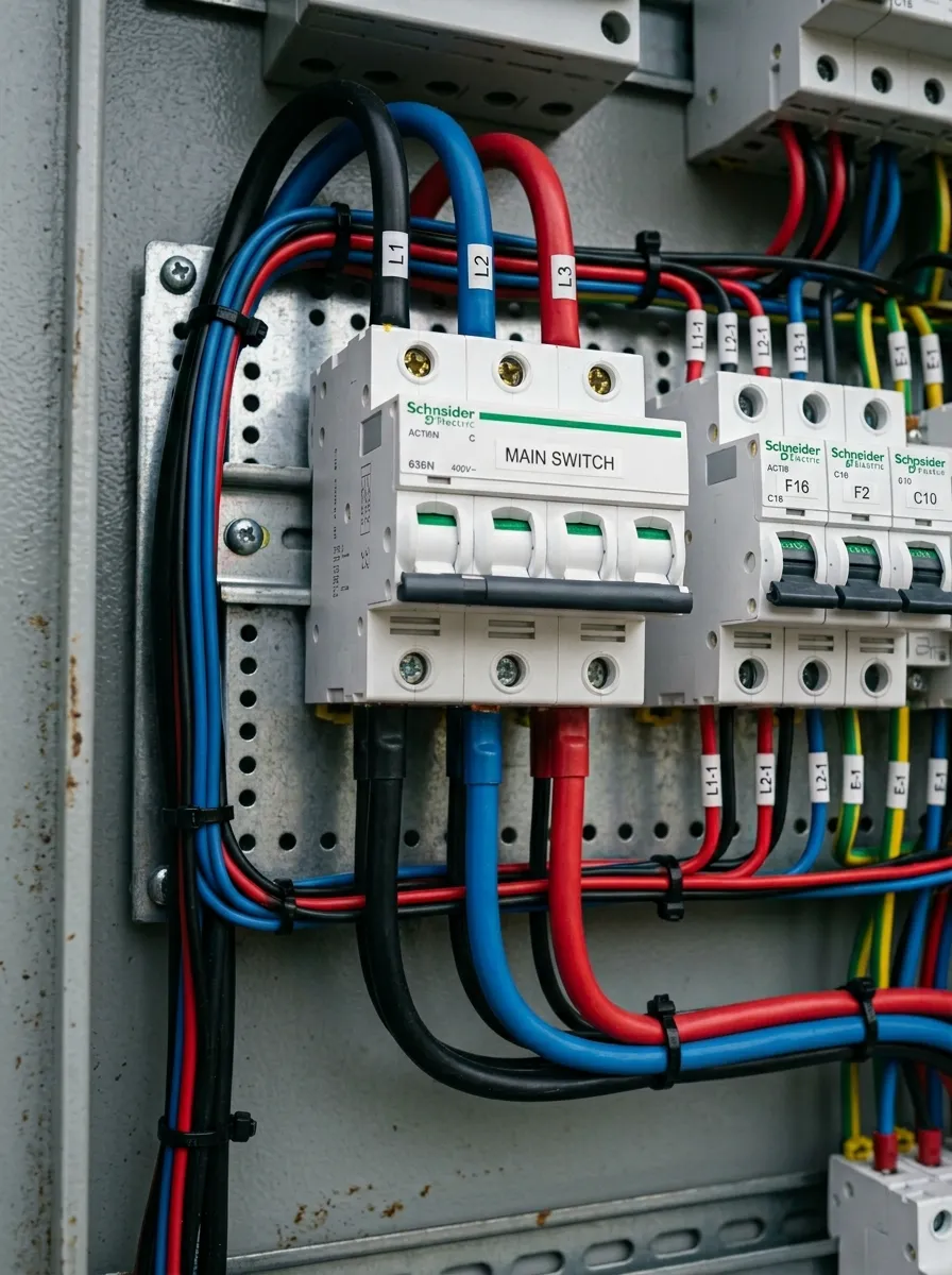 tableau-electrique-cables-differents-couleurs Gros plan sur un tableau électrique montrant des disjoncteurs Schneider, avec des câbles noirs, bleus et rouges étiquetés L1, L2, L3 et divers circuits secondaires.