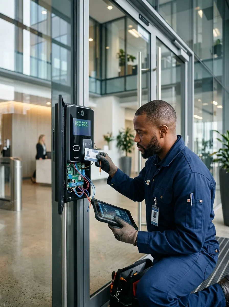 technicien-installant-systeme-controle-acces Un technicien installe un système de contrôle d'accès avec tablette et carte d'identification dans un immeuble de bureaux moderne.