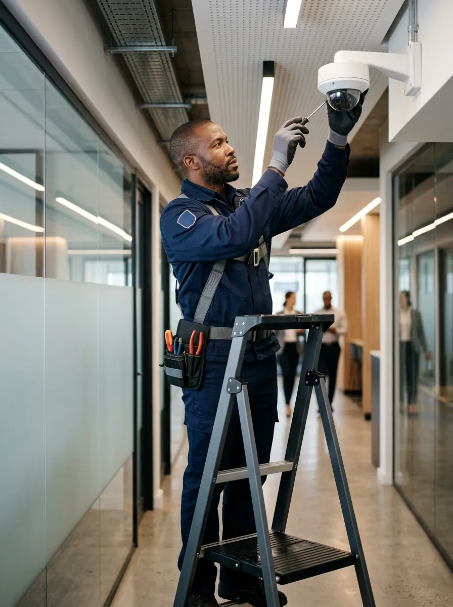 technicien-installation-camera-securite Un technicien en combinaison bleue monte sur un escabeau pour installer une caméra de surveillance au plafond d'un bureau.