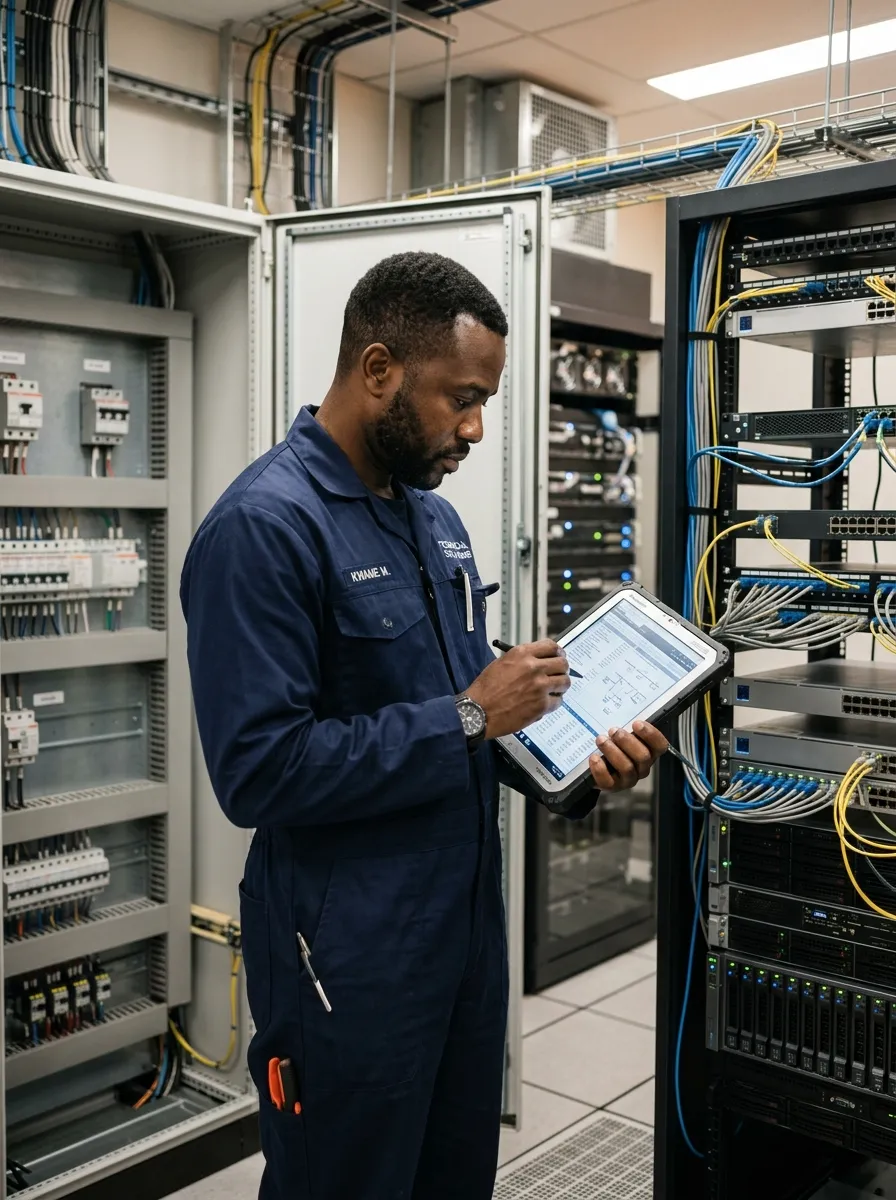 technicien-supervisant-equipe-serveur Un technicien en combinaison bleue examinant une tablette devant des racks de serveurs et une armoire électrique avec des câbles.
