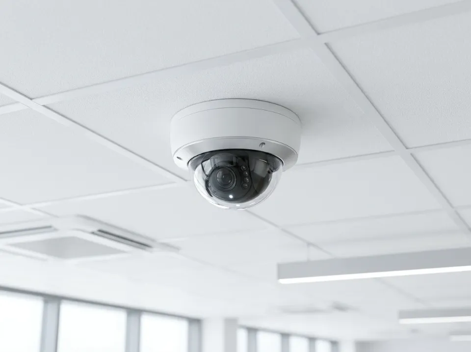 Caméra de surveillance dôme blanche fixée au plafond d'un bureau moderne, avec des luminaires et des fenêtres en arrière-plan.
