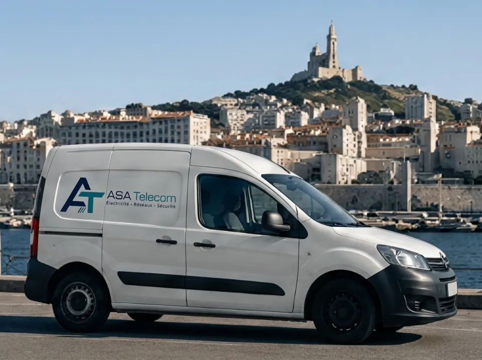 Fourgon blanc ASA Telecom avec logo, stationné face à une ville côtière et à la basilique Notre-Dame de la Garde.